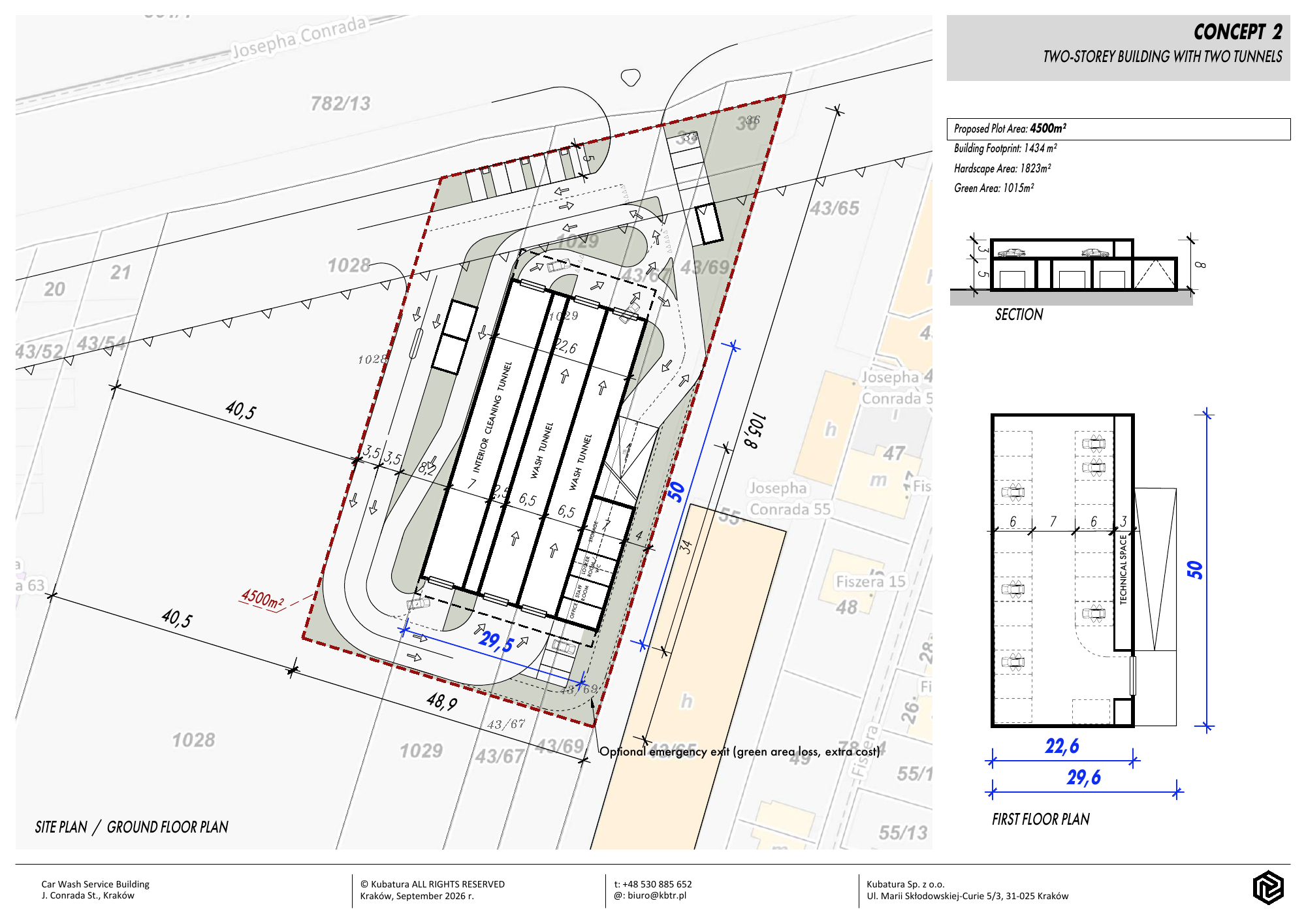 Conrada Concept 2: plan zagospodarowania, parter, piętro i przekrój budynku